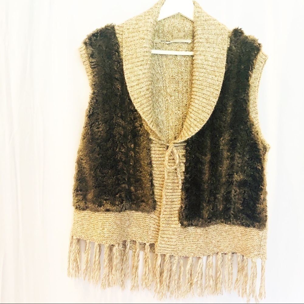Peter Nygard Fringe Sweater Faux Fur Vest